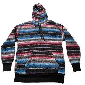 Rank 45 Hoodie Womens Large Multicolor Serape Stripe Plush Fleece Pullover Cozy